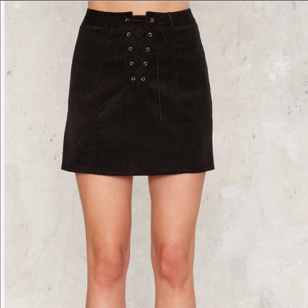 Corduroy tie-up mini skirt in black, EUC, small